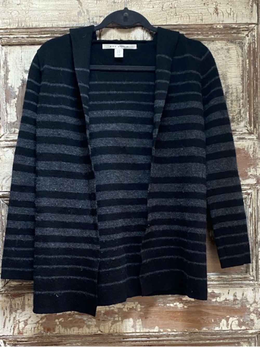 Max Studio Y2K Black and Charcoal Striped Wool Hooded Cardigan, XS